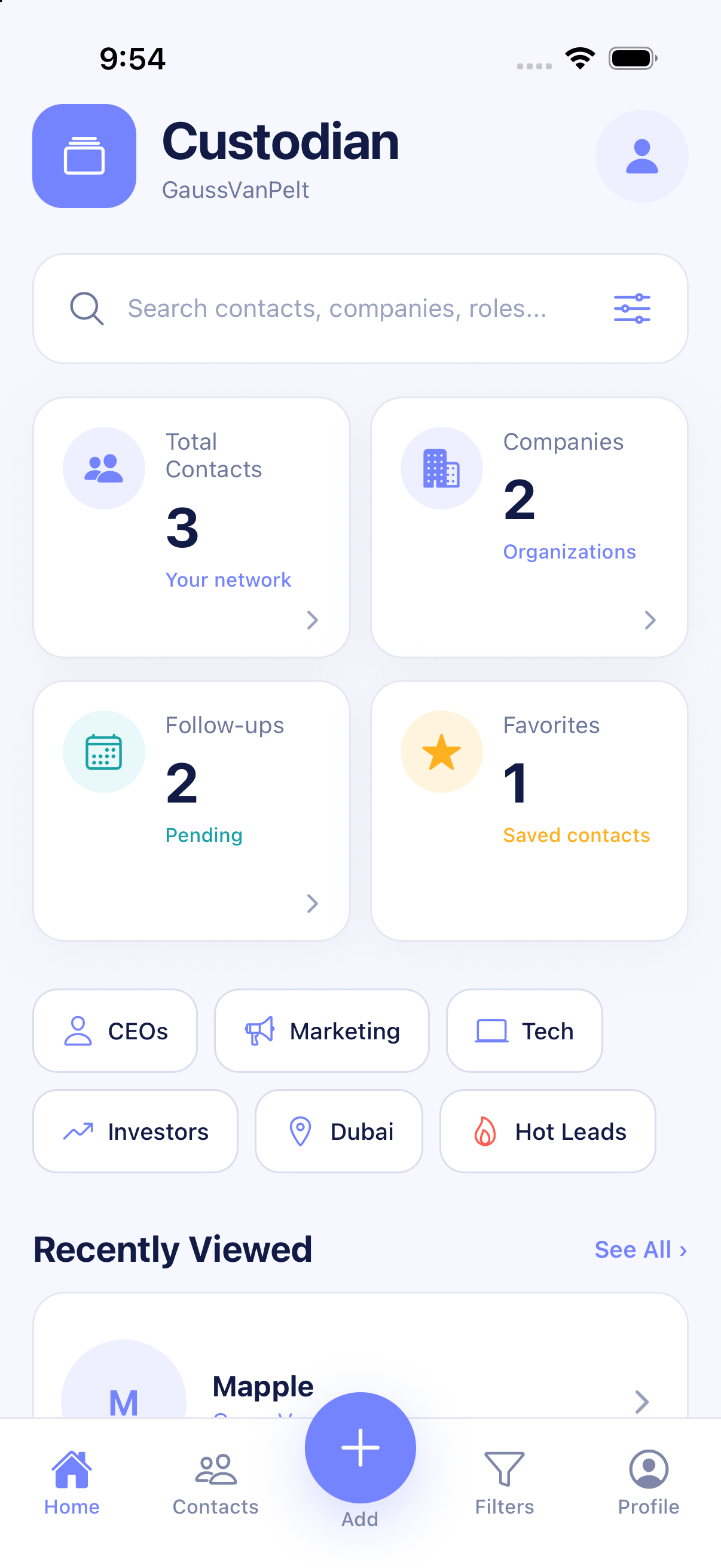 Custodian home dashboard